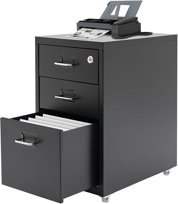 3 Drawer Rolling File Cabinet with Lock, 11 x 16 x 18.3in Filing Cabinet with Wheels, Wood Under Desk Office Storage Cabinet fits A4, Letter Sized Documents for Home Office (Black)