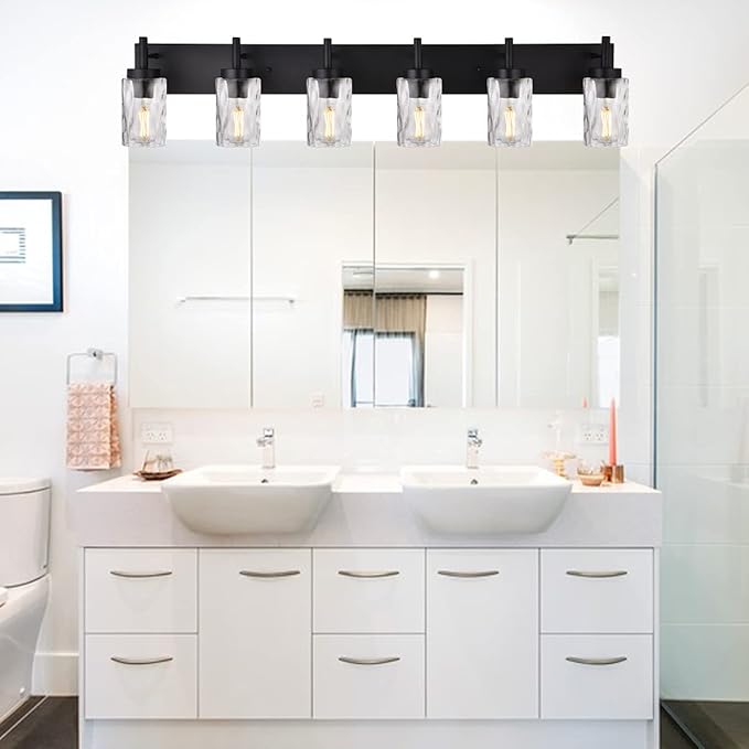 BONLICHT Transitional Bath Vanity Light Fixture 6 Light Black Wall Sconce Bathroom Lighting with Clear Hammered Glass, Industrial Farmhouse Metal Wall Mount Light for Kitchen Living Room Dining Room