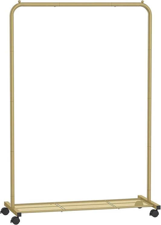 SONGMICS Clothes Rack with Wheels, Clothing Rack for Hanging Clothes, 25.4 mm Metal Garment Rack with Dense Mesh Storage Shelf, 110 lb Load Capacity, 2 Brakes, Gold UHSR025A01