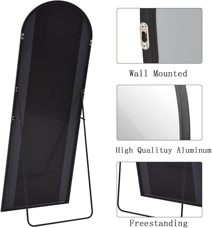 Full Length Mirror, 71"x26" Body Floor Length Standing Mirror Hanging or Leaning with Stand, Extra Large Wall Mirrors, Arch-Top Mirrors with Aluminum Frame for Bedroom (Black)