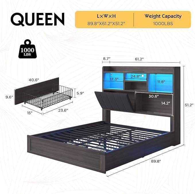 Queen Farmhouse Bed Frame with Bookcase Headboard and 4 Drawers, LED Storage Bed with Charging Station & Linen Upholstered, No Box Spring Needed,Black