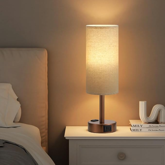 Brown Bedside Table Lamp for Bedroom - 3 Way Dimmable Touch Lamp USB C Charging Ports and AC Outlet, Small Lamp Round Flaxen Fabric Shade for Living Room, Desk, LED Bulb Included