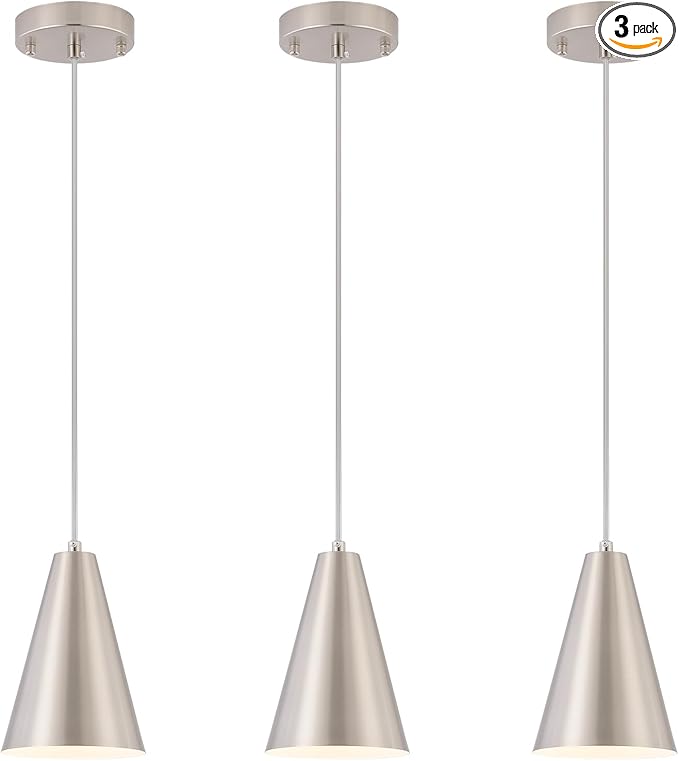 Brushed Nickel Pendant Lights Kitchen Island,Dining Room Light Fixtures Over Table 3 Pack with Silver Cone Metal Shade, Modern Farmhouse Small Chandeliers,Adjustable Cord Hanging Lighting for Sink