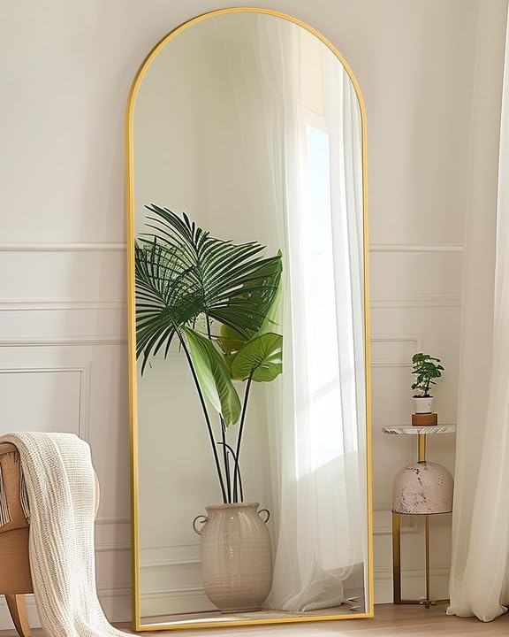 Antok Full Length Mirror, 58"x18" Floor Mirror with Stand, Hanging Mounted Mirrors for Bedroom, Living Room, Cloakroom, Dining Room, Gold, Arched