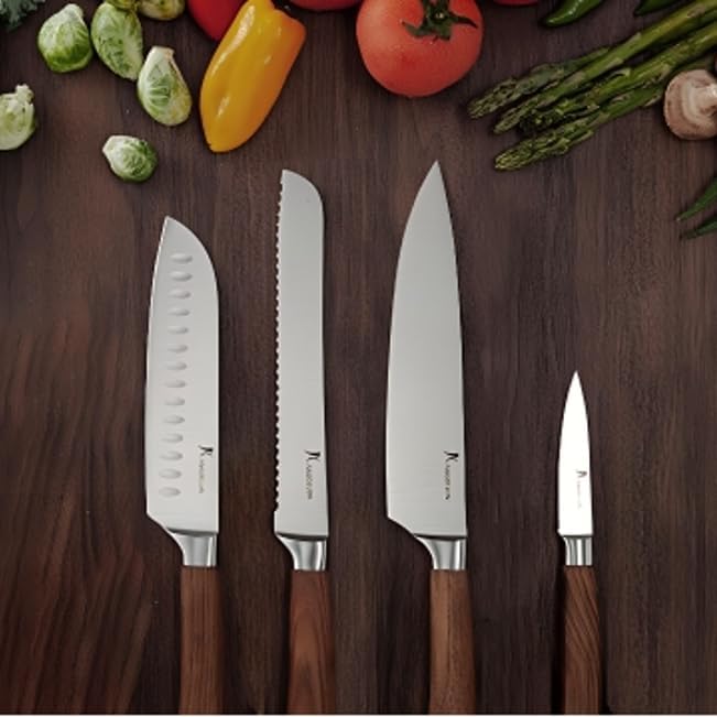 Natura Series 4 PCS Chef Knife Set with Gift Box, Ultra Sharp Kitchen Knives with Natural Wooden Handles