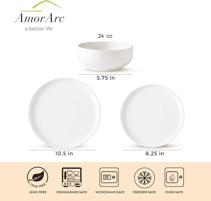 AmorArc Ceramic Dinnerware Sets of 4,Porcelain Plates and Bowls Sets, Scratch Resistant Dishes Set, Dishwasher & Microwave & Oven Safe Dishes Set,White Dishware Service for 4-12 pcs