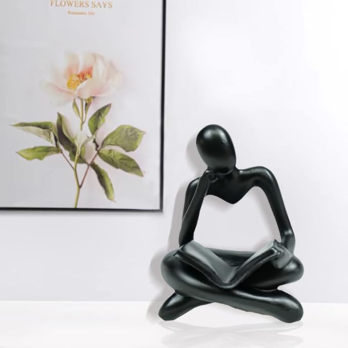 Thinker Statue Reading Women Figurine Abstract Art Sculpture Home Decor Modern Black Accents for Living Room Shelves Bookshelf Office Shelf Desktop Decoration