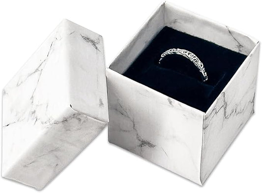 TheDisplayGuys - 24-Pack Cardboard Kraft Paper Jewelry Gift Boxes w. Velvet Padding - Ring - Marble White - Square (1.5" x 1.5" x 1.5")