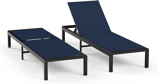 Aluminum Lounge Chairs Outdoor Chaise Furniture,2 Sets Patio Metal Deck Lounger Adjustable 5-Position Poolside Chase Recliner with Wheels for Beach,Coffee Table, (NavyBlue, 2 Chair)