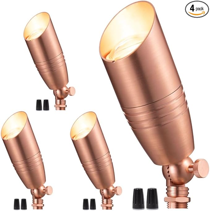Brass Landscape Lighting - Low Voltage Spotlights Outdoor LED, 12V Wired Uplights, Waterproof Spot Lights, Copper for Outside Trees Without MR16 Bulb (4 Pack)