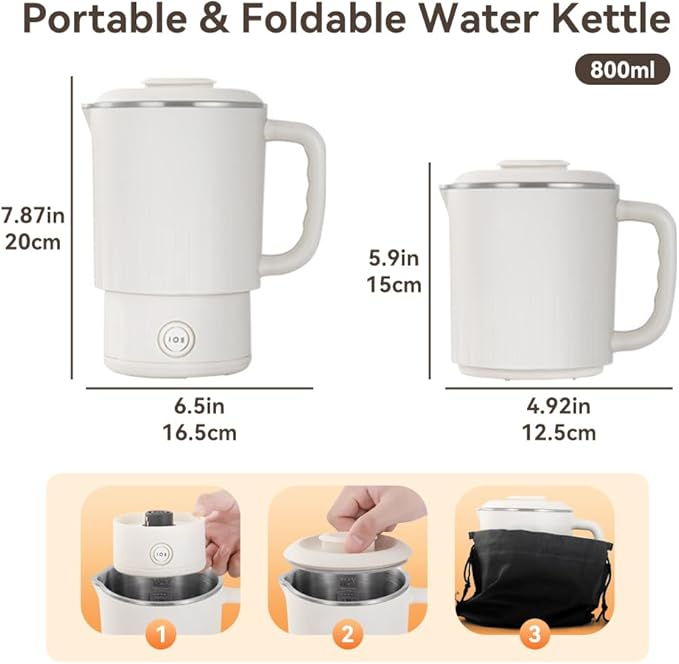 Travel Electric Kettle 304 Stainless Steel Small Portable Foldable Tea Kettle for Boiling Water Camping Traveling with 2 Gear 600ML 600W
