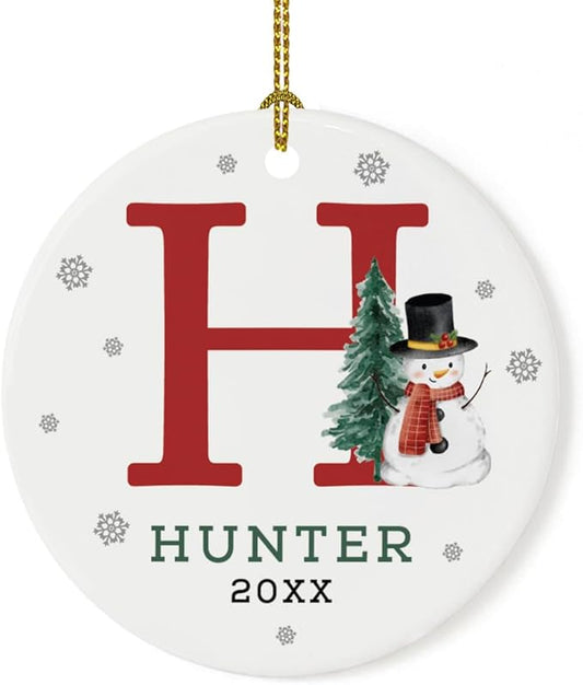 Andaz Press Personalized Ornament, Custom Name, Initial H Monogram Snowman 2.8" Ceramic Porcelain 2025 Christmas Ornament Keepsake for Kids, Boys, Girls, Initial Ornaments Monogram Ornaments 1-Pack