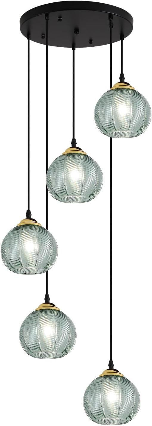 KCO Lighting 5 Light Cluster Pendant Lighting Black Globe Cluster Pendant Light Mid Century Modern Stairwell Chandelier Lighting Vintage Green Glass Pendant Light for Kitchen Island, L1170-G