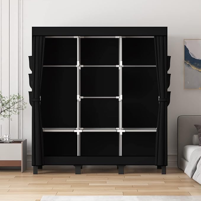 Portable Wardrobe, Clothes Organizer, Easy Hanger Wardrobe, Multiple Dividers and 3 Drawers, 6 Side Pockets Large Capacity (Black)