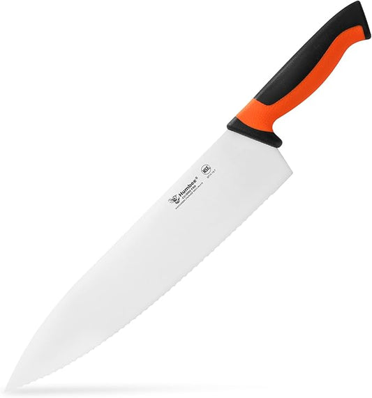 12 Inch Professional Chef Knife with Ergonomic Handle – NSF Certified Stainless Steel Kitchen Knife, Serrated Wave Teeth, Durable and Sharp Blade, DT 11 Series, Orange