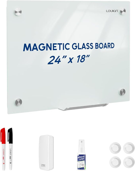 Loukin Glass Whiteboard for Wall, Magnetic Dry Erase Glass Board, Framless Surface White Board for Office, School, Dry Erase Whiteboard Set Includes Cleaner & Eraser & Marker (24" x 18")