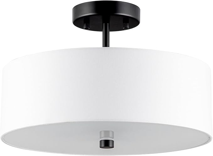 3-Light Semi Flush Mount Ceiling Light Fixture, 13" Black Drum Light, Modern Close to Ceiling Light with White Fabric Shade Lamps for Bedroom Living Dining Room Kitchen Hallway Entryway