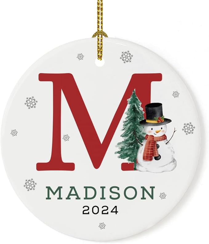 Andaz Press Personalized Ornament, Custom Name, Initial M Monogram Snowman 2.8" Ceramic Porcelain 2025 Christmas Ornament Keepsake for Kids, Boys, Girls, Initial Ornaments Monogram Ornaments 1-Pack