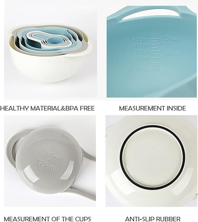 Plastic Nesting Bowls Set with 2 Mixing bowls,Colanders,4 Measuring Cups,Sifter for Baking,Food Prep,RV Camping Accessories,8 Pieces