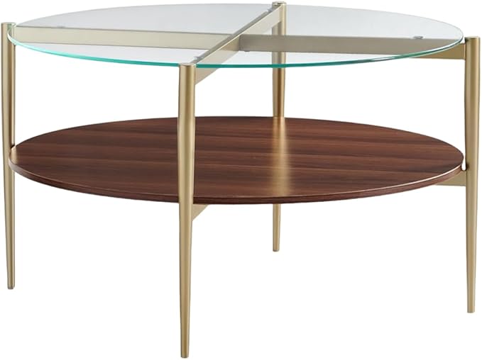 Shrine Round Glass Coffee Table, Mid-Century Modern Design, D30 x H17 in, 2-Tier Structure, Clear Glass Top and Walnut MDF Shelf, Sleek Conical Metal Legs with Gold Finish