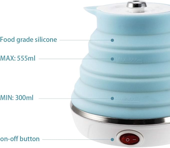 Ultrathin Upgraded Food Grade Silicone Travel Foldable Electric Kettle Boil Dry Protection Portable with Dual Voltage and Separable Power Cord,555ML 110-220V US Plug