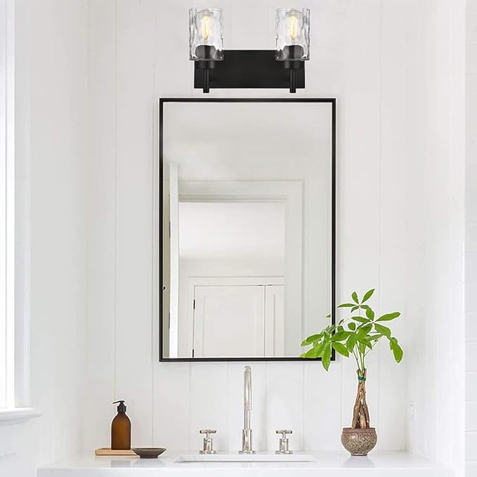 BONLICHT 2 Light Farmhouse Wall Sconce Vanity Lights Modern Black Bathroom Lighting Fixtures with Hammered Glass Shade,Industrial Porch Metal Wall Mount Lamp for Hallway Kitchen Bedroom Laundry Room