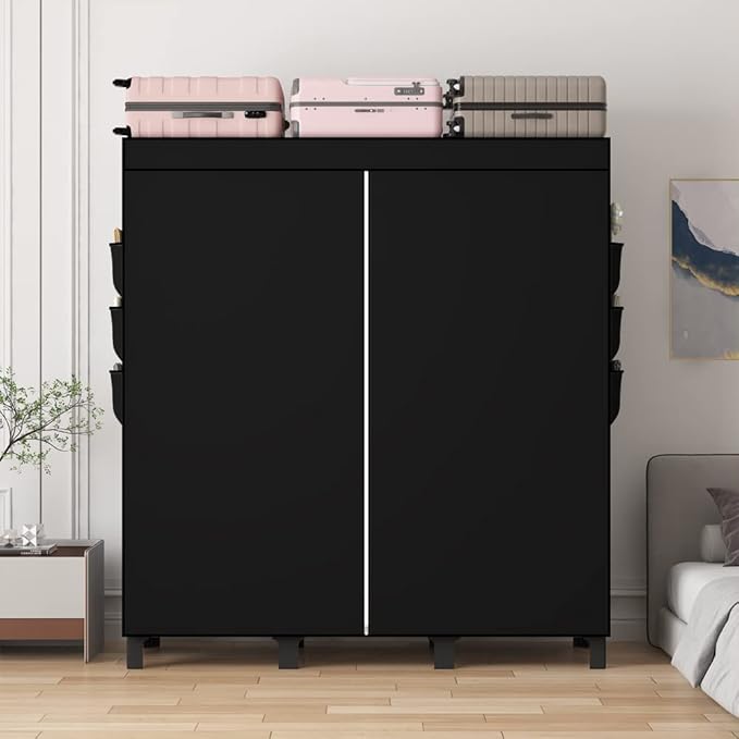 Portable Closet, Clothes Storage Box, Simple Wardrobe for Hanging Clothes, Multiple Shelves and 3 booms,6 Side Pockets (Black)” (Black, Large)