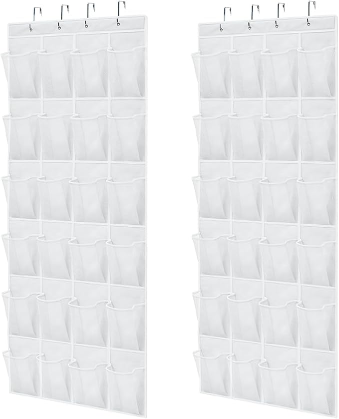 GORILLA GRIP Over the Door Shoe Organizer, 2 Pack, 24 Breathable Mesh Pockets, Space Saving Hanging Storage Holder, Closet Rack Hanger Holds Up to 40 lbs, Hangs on Closets, Shoes, Accessories, White