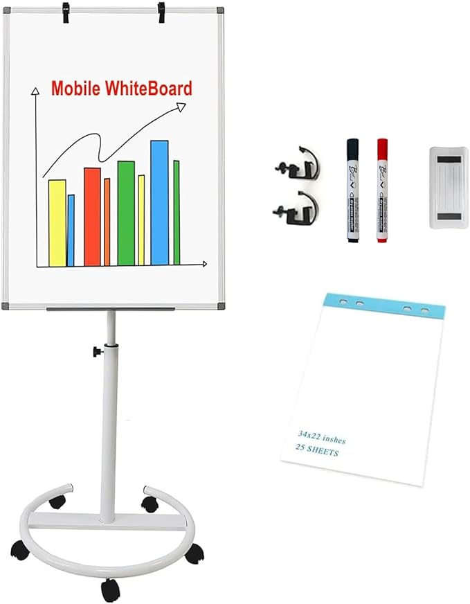 Mobile Dry Erase Board 36x24 Inches – Adjustable Rolling Whiteboard on Wheels, Stand Easel with Markers & Eraser, Includes 25-Sheet Paper Pad for Office, Classroom, Home