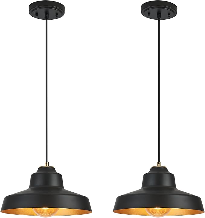 12 Inch Black Pendant Light Fixture,Farmhouse Hanging Lamp Adjustable Height Dome Pendant Lights for Kitchen Island Dining Room,2 Pack