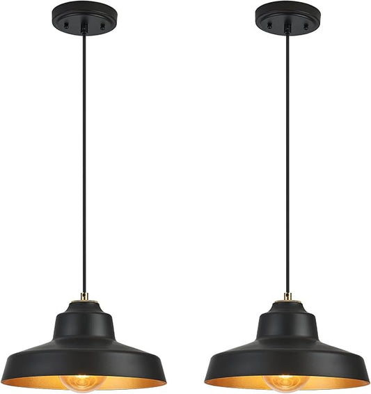 12 Inch Black Pendant Light Fixture,Farmhouse Hanging Lamp Adjustable Height Dome Pendant Lights for Kitchen Island Dining Room,2 Pack