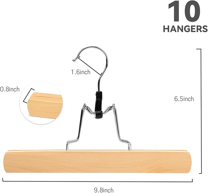 Nature Smile Wooden Pants Skirt Hangers, Smooth Finish Solid Wood Non Slip Jeans Slack Clamp Hangers Hair Extension Hangers (10 Pack Natural)…