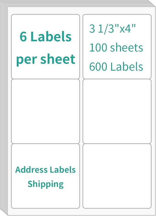 6 UP Labels, 4" x 3-1/3" Shipping Address Labels for Laser Inkjet Printer, Self Adhesive, Blank Mailing Sticker Paper (2000 Sheet=12000)