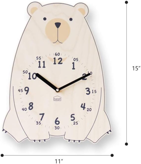 Silent Kids Wall Clock - Non-Ticking, Decorative, Cute Wooden Clock for Nursery, Children, Toddler, Baby Room, Battery Operated - Bear, Unicorn, Owl (Brown Bear)