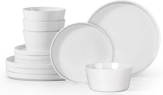 Herogo 12 Pieces Dinnerware Dishes Set for 4, Handmade Stoneware Dining Plates and Bowls Sets, Double Reactive Glaze, Microwave & Dishwasher Safe, Scratch Resistant, Speckled White