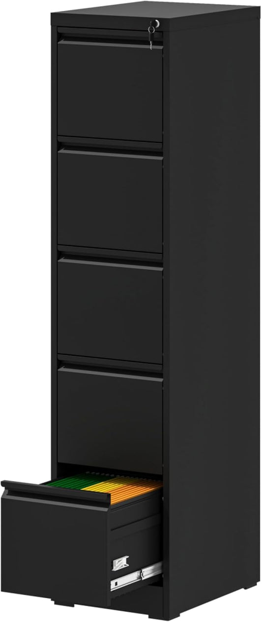 AQY 5 Drawer File Cabinet with Lock, Metal Black Filing Cabinets for Home Office, 18" Deep Heavy Duty Vertical Storage Cabinet for Hanging A4/Letter/Legal Size Files, Assembly Require