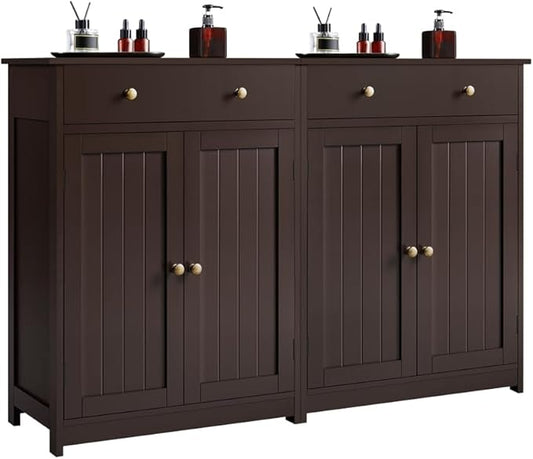 Yaheetech Set of 2 Bathroom Storage Cabinet with 1 Drawer, Freestanding Bathroom Cabinet with 2 Doors and 3-Level Adjustable Shelf, Modern Furniture for Laundry Room, Corridor, Espresso
