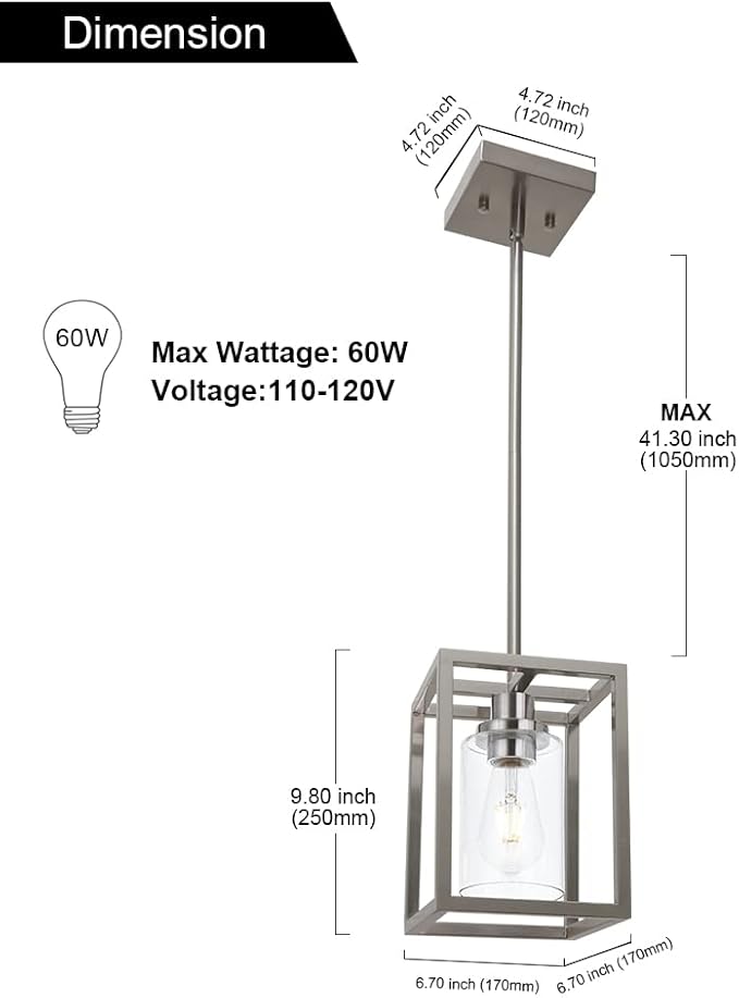 VINLUZ Contemporary Pendant Lighting,Single 1 Light Brushed Nickel Cage Hanging Light with Clear Glass Shade for Kitchen Island Entryway Dining Room Hallway Porch