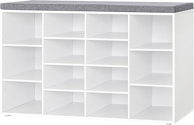 DINZI LVJ Shoe Storage Bench with Cushion, 14-Cubby Shoe Rack, Adjustable Shelves, Multifunctional Shoe Organizer Bench for Entryway, Mudroom, Hallway, Living Room, Bedroom and Garage, White