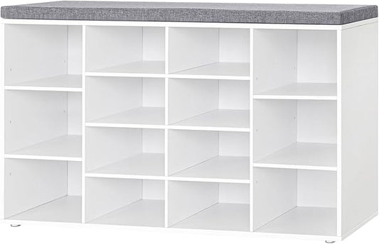 DINZI LVJ Shoe Storage Bench with Cushion, 14-Cubby Shoe Rack, Adjustable Shelves, Multifunctional Shoe Organizer Bench for Entryway, Mudroom, Hallway, Living Room, Bedroom and Garage, White