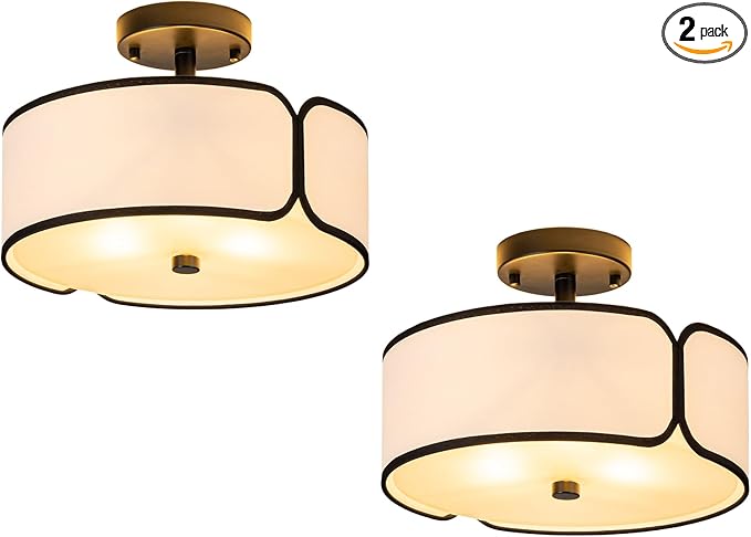 12.6" Semi Flush Mount Ceiling Light - 3 Light Drum Light Fixture with Black Border Fabric Shade, Modern Close to Ceiling Light for Dining Room Bedroom Kitchen Hallway Entryway, 2 Pack