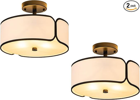 12.6" Semi Flush Mount Ceiling Light - 3 Light Drum Light Fixture with Black Border Fabric Shade, Modern Close to Ceiling Light for Dining Room Bedroom Kitchen Hallway Entryway, 2 Pack