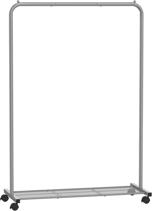 SONGMICS Clothes Rack with Wheels, Clothing Rack for Hanging Clothes, 25.4 mm Metal Garment Rack with Dense Mesh Storage Shelf, 110 lb Load Capacity, 2 Brakes, Gray UHSR025G01