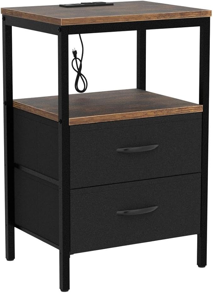 Huuger Nightstands Set of 2, End Tables with Charging Station, Side Tables with Fabric Drawers, Bedside Tables with USB Ports and Outlets, Night Stands for Bedroom, Rustic Brown and Black