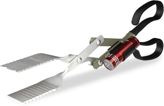 BBQ Croc 3 in 1 Barbecue Tool 15-inch with Flashlight - Extra Light Tongs, Spatula and Grill Scraper (Green)