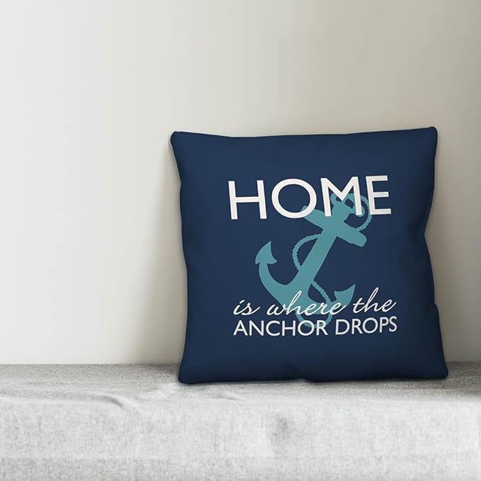 Home is Where The Anchor Drops Indoor/Outdoor Pillow | Decorative Pillows for Living Room Couch Bed Sofa Patio, Fluffy Soft Cushion | Water Resistant Blue, 18x18