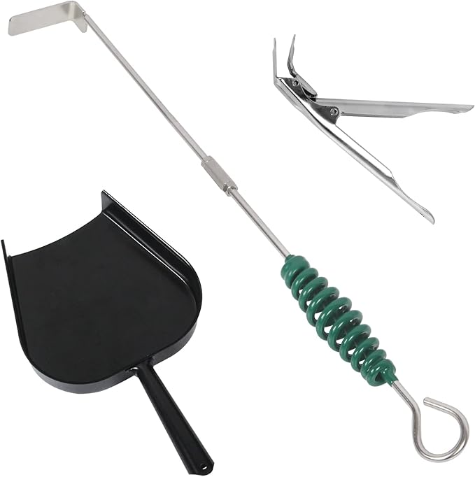 Grill Grate Lifter Gripper and Ash Tool Set for M/L Big Green Color Egg,Stainless Steel BBQ Ash Tool Poker and Ash Pan for Kamado Joe Classic