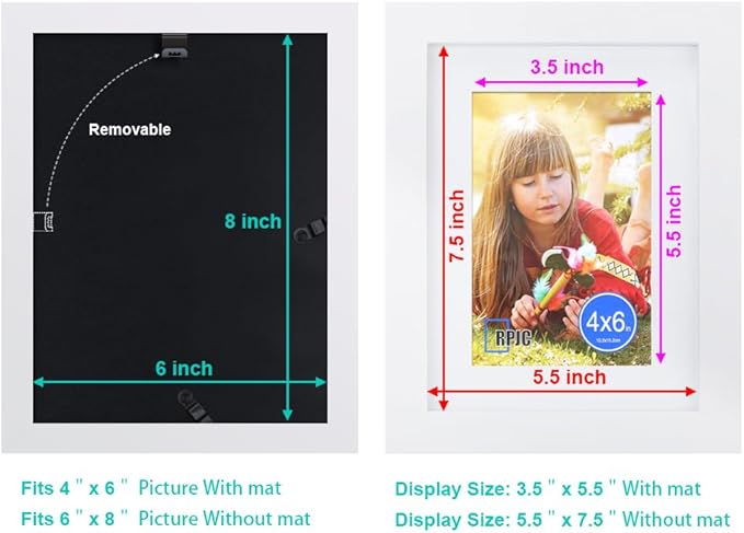 RPJC 6x8 inch Picture Frame Made of Solid Wood and High Definition Glass Display Pictures 4x6 with Mat or 6x8 Without Mat for Wall Mounting Photo Frame White