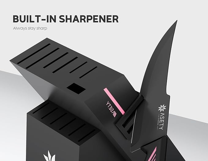 Knife Set - 15 PCS Kitchen Knife Set with Built-in Knife Sharpener Block - Stainless Steel Knife Block Set - Dishwasher Safe, Elegant Box for Men Women, Pink