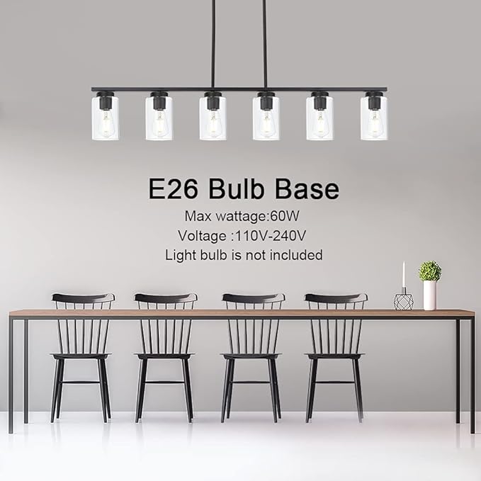 Black 6-Lights Kitchen Island Light with Clear Glass Shades, Farmhouse Hanging Pendant Light Fixture for Farmhouse Dining Room Living Room